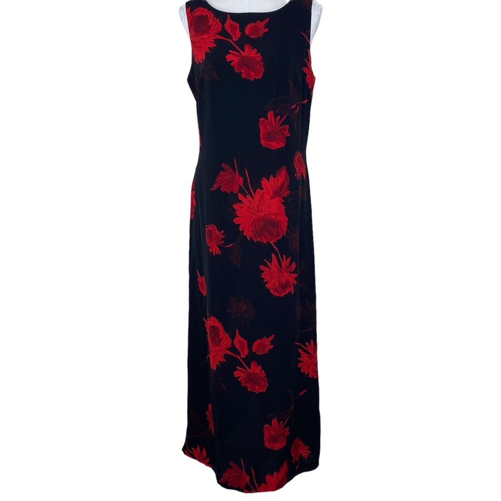 Black And Red Lightweight Floral Sleeveless Full Zip Maxi Dress Size 10
